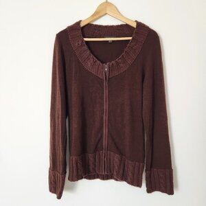 Y2K Cable Knit Zip Cardigan Size Large Chocolate Brown Sweater Preppy Vtg Cemasi